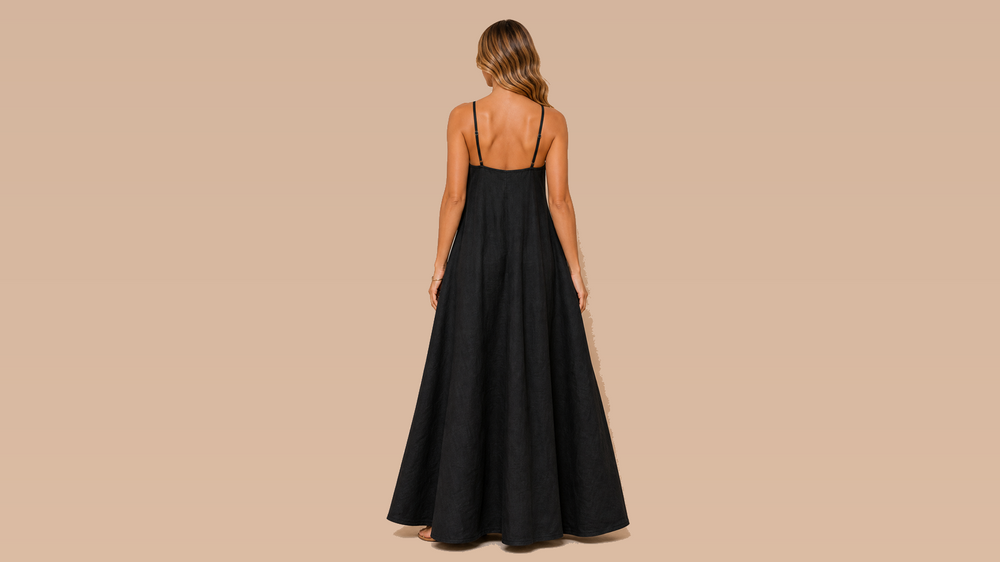Black Cami V-Neck Pocket Flared Maxi Dress Back View