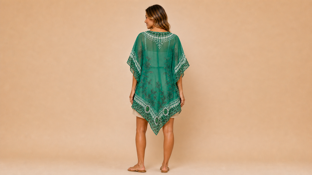 Green Ethnic Print Loose V-Neck Blouse Back View