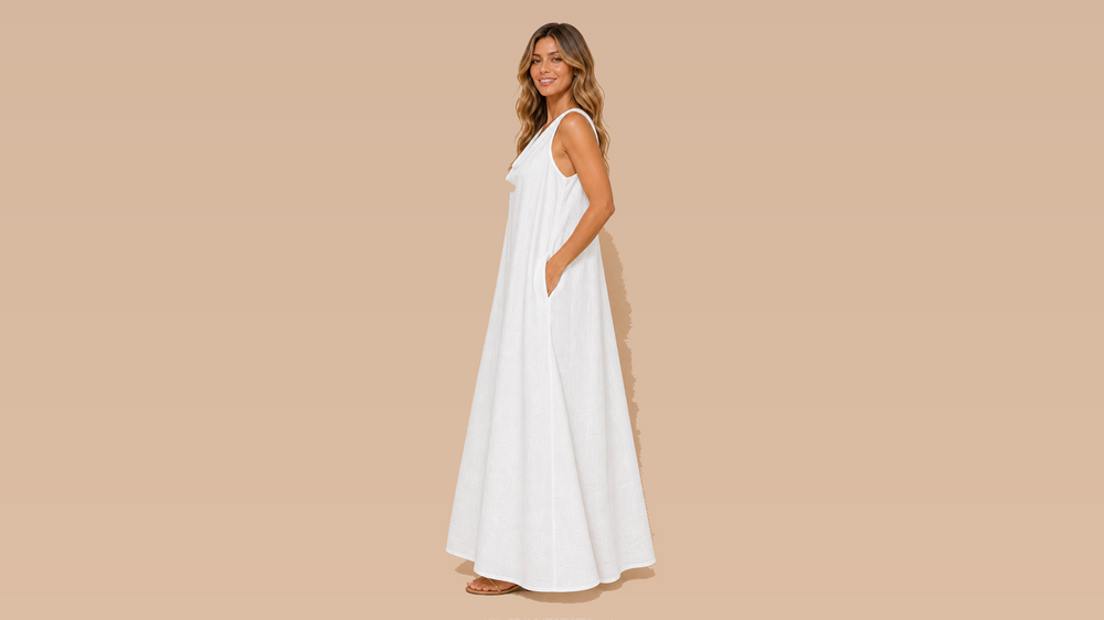 White Sleeveless Draped V-Neck Pocket Maxi Dress Side View
