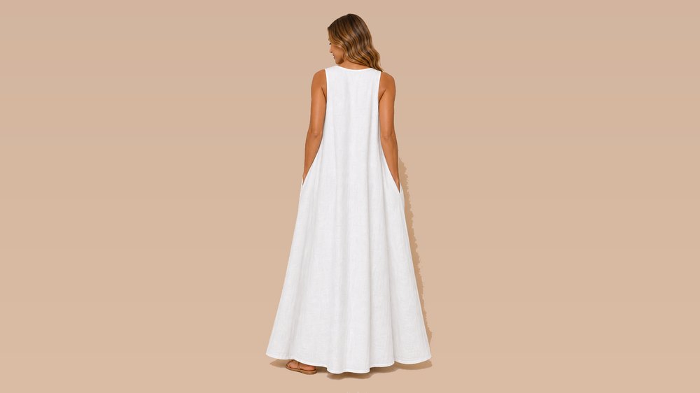 White Sleeveless Draped V-Neck Pocket Maxi Dress Back View