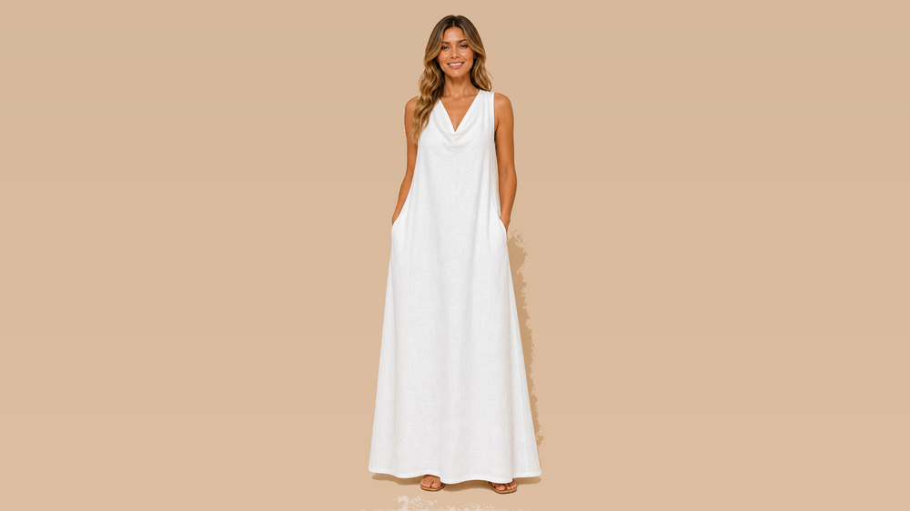 White Sleeveless Draped V-Neck Pocket Maxi Dress Front View