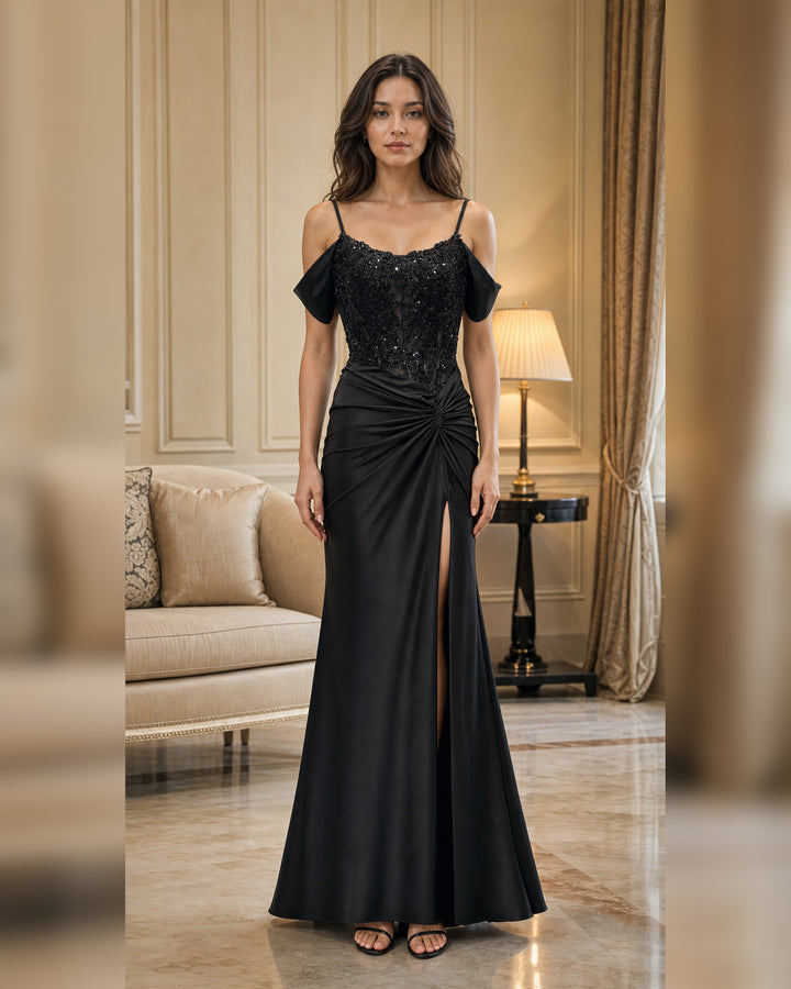 Off Shoulder Glitter Ruched Slit Formal Gown - Black - Scene 1 Front View