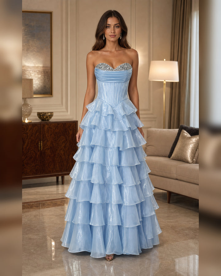 Ice Blue Strapless Tiered Ruffle Ball Gown - Ice Blue - Scene 1 Front View