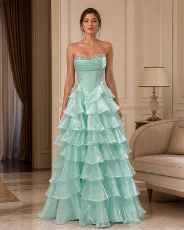 Strapless Corset Tiered Ruffle Ball Gown - Mint - Scene 1 Front View