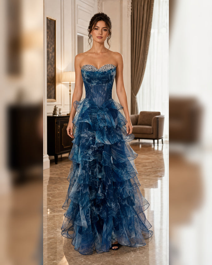 Blue Floral Applique Tiered Ball Gown - Blue - Scene 1 Front View