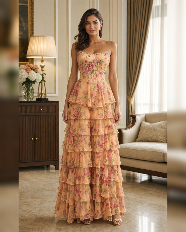 Peach Floral Strapless Tiered Formal Gown - Peach Floral - Scene 1 Front View