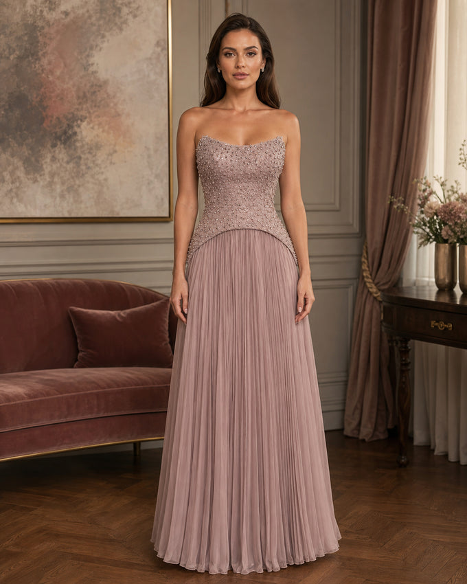 Pink Glitter Cowl Neck Pleated Formal Gown - Pink - Scene 1 Front View