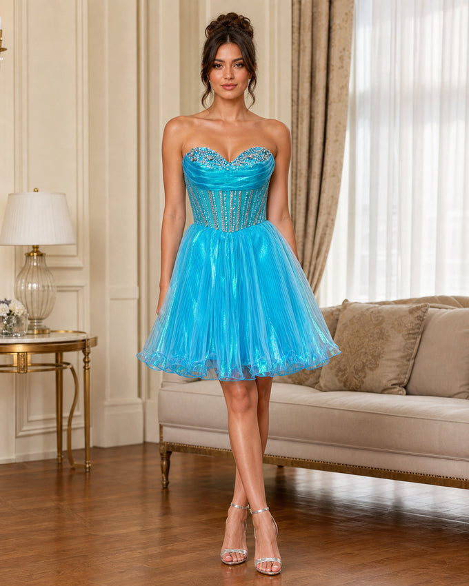 Turquoise Strapless Glitter Tulle Mini Dress - Turquoise - Scene 1 Front View