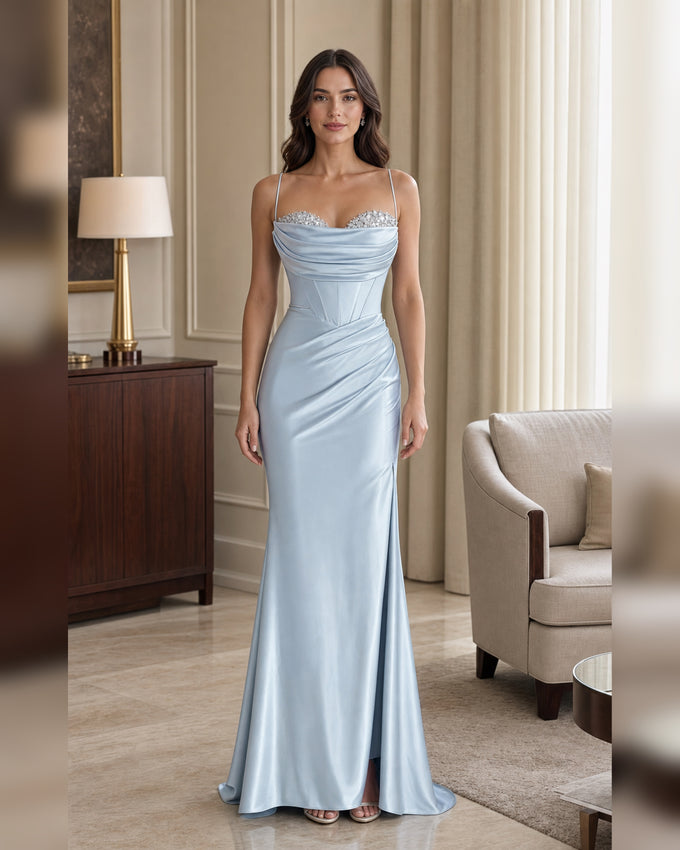 Ice Blue Draped Satin Slit Formal Gown - Ice Blue - Scene 1 Front View