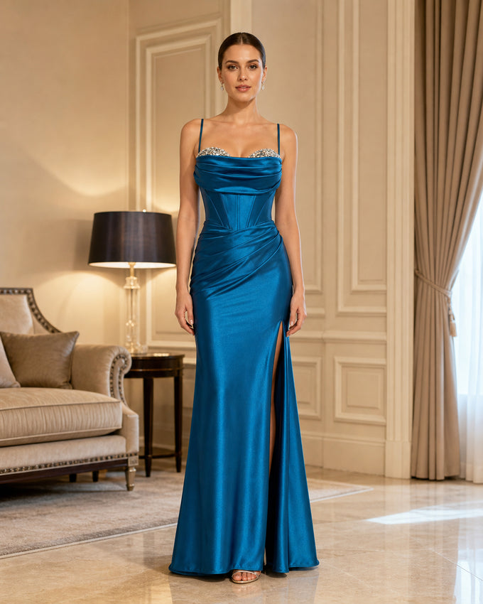 Teal Cowl Neck Satin Slit Formal Gown - Teal - Scene 1 Front View