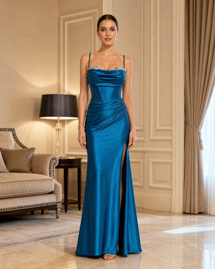 Teal Cowl Neck Satin Slit Formal Gown - Teal - Scene 1 Front View