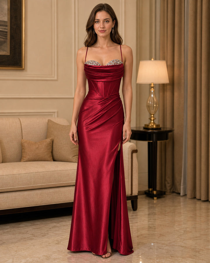 Wine Red Lace Trim Ruched Satin Gown - Wine Red - Scene 1 Front View