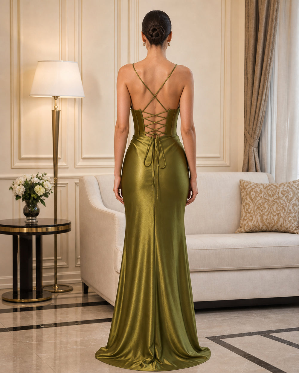 Olive Cowl Neck Satin Formal Gown - Olive - Scene 1 Back View