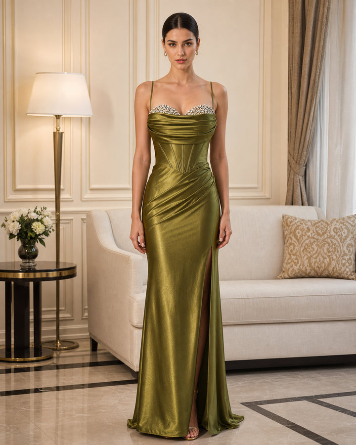 Olive Cowl Neck Satin Formal Gown - Olive - Scene 1 Front View
