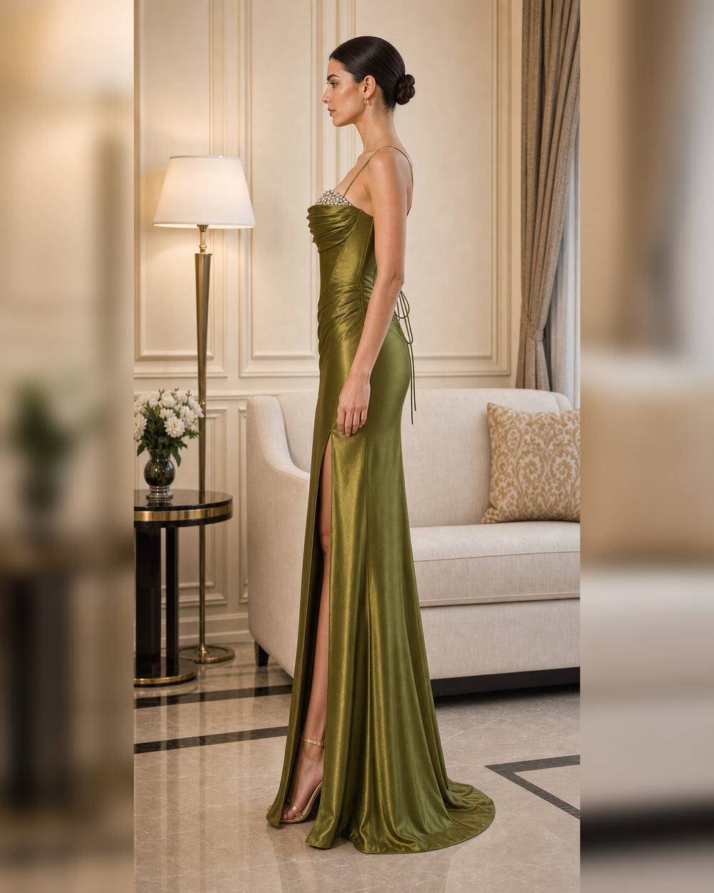 Olive Cowl Neck Satin Formal Gown - Olive - Scene 1 Side View