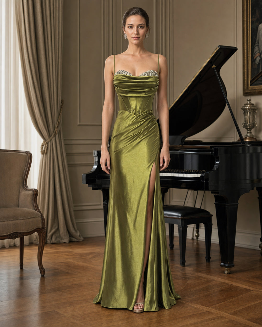 Olive Cowl Neck Satin Formal Gown - Olive - Scene 2 Front View