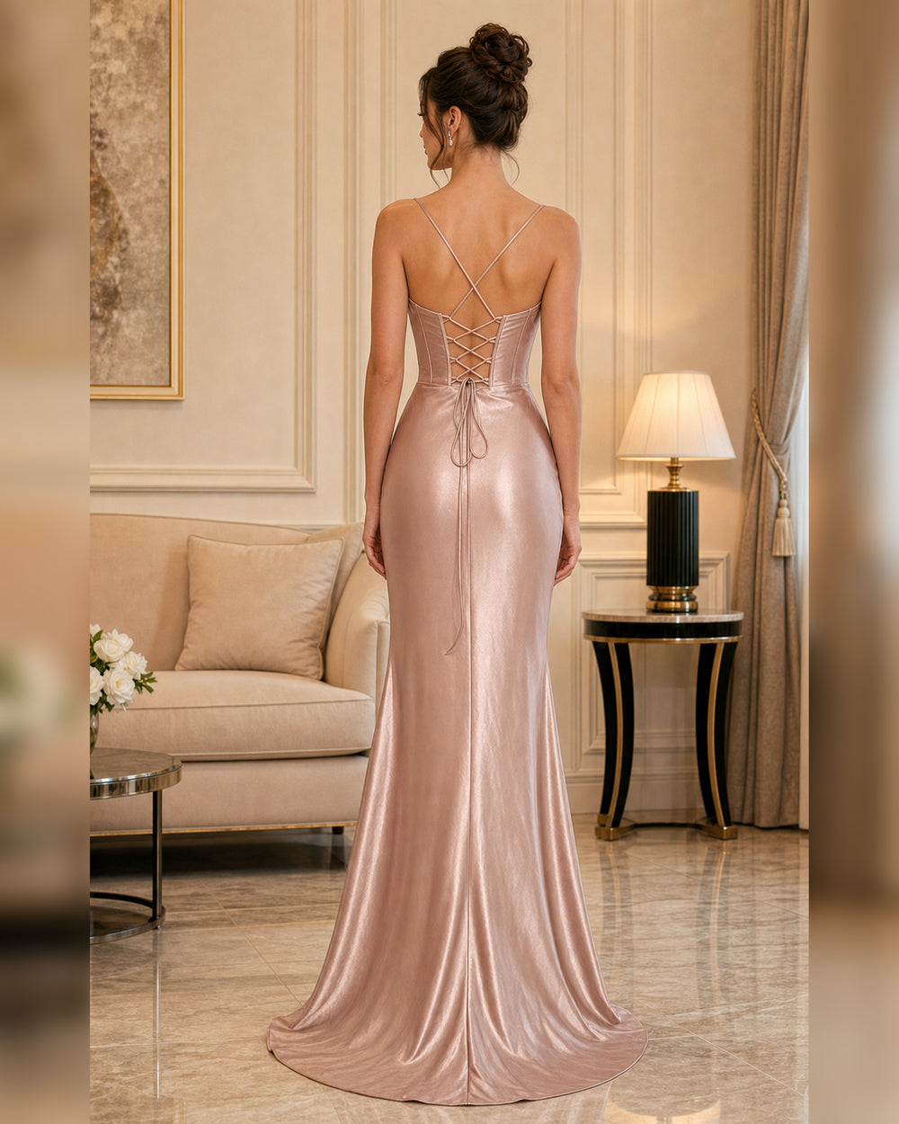 Blush Embellished Satin Corset Formal Gown - Blush - Scene 1 Back View