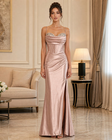 Blush Embellished Satin Corset Formal Gown - Blush - Scene 1 Front View