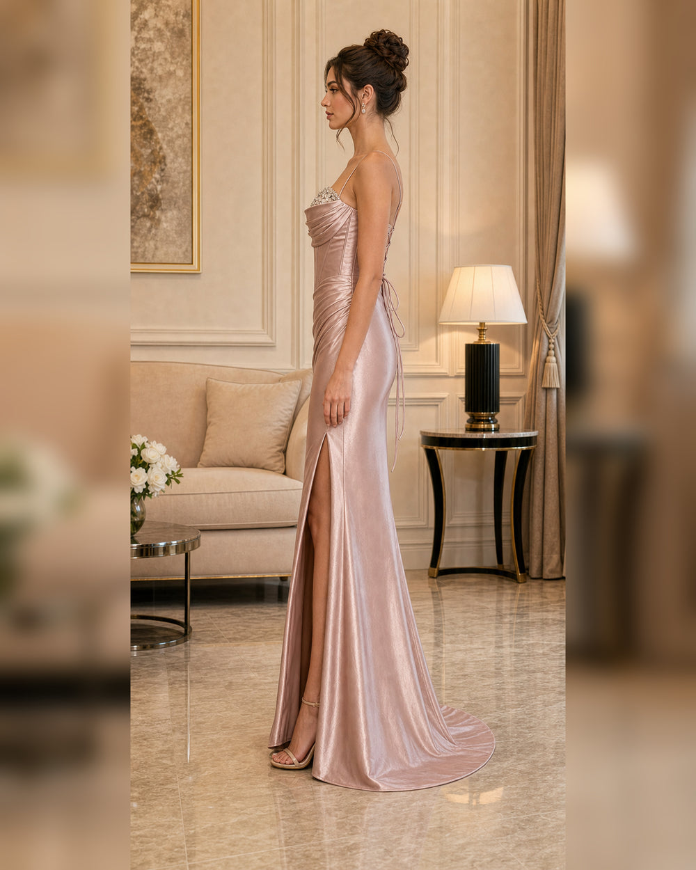 Blush Embellished Satin Corset Formal Gown - Blush - Scene 1 Side View