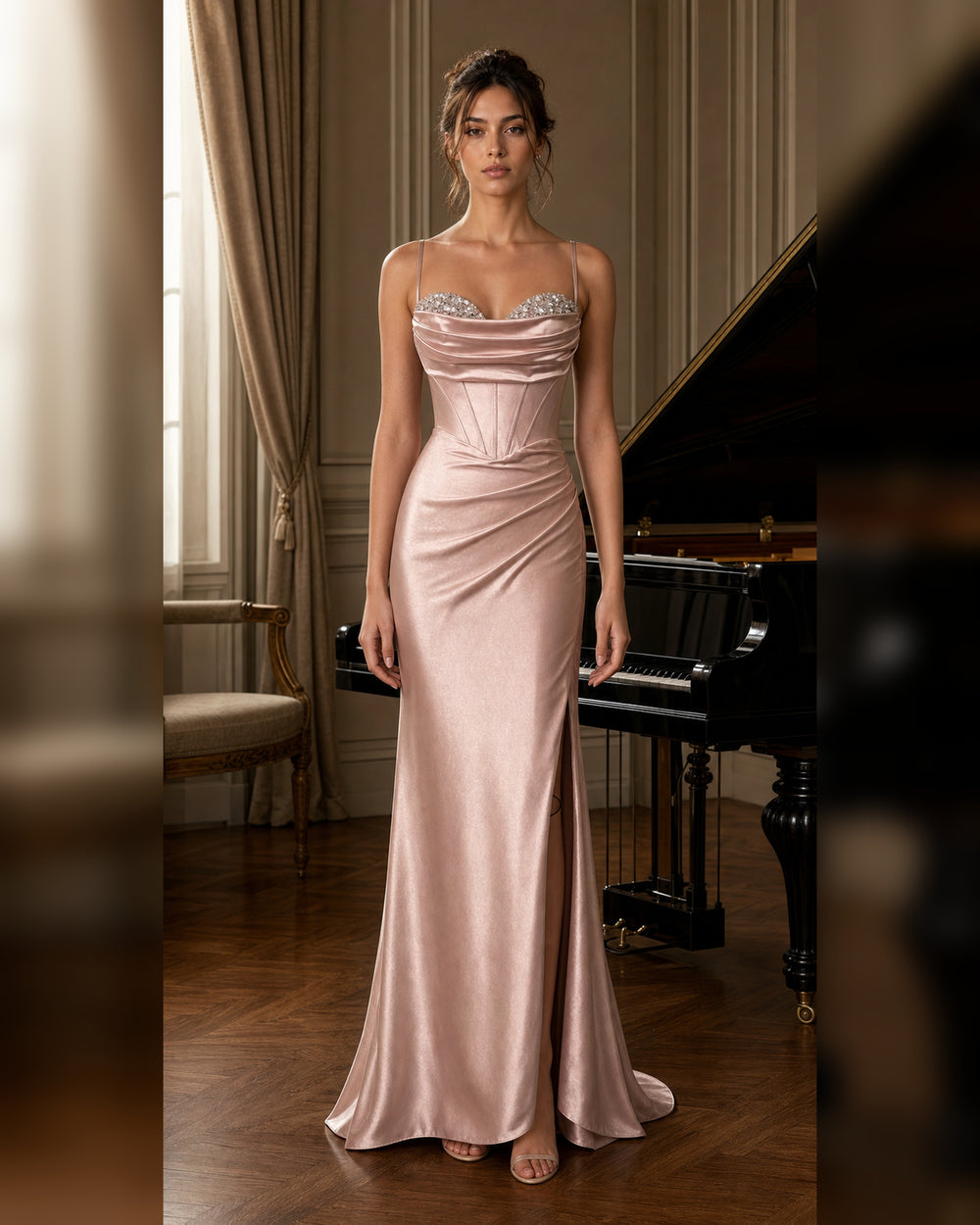 Blush Embellished Satin Corset Formal Gown - Blush - Scene 2 Front View