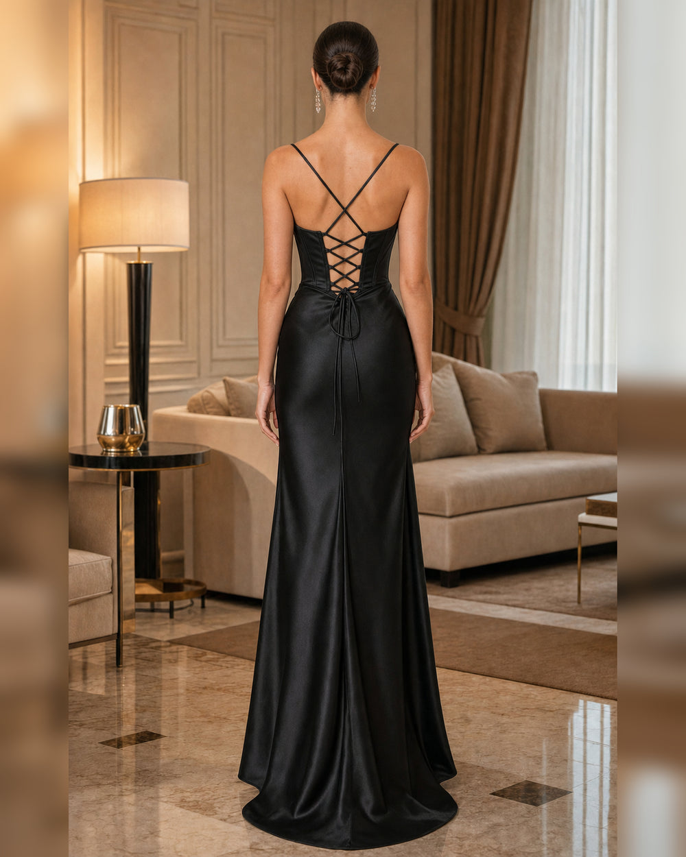 Black Beaded Strap Satin Formal Gown - Black - Scene 1 Back View