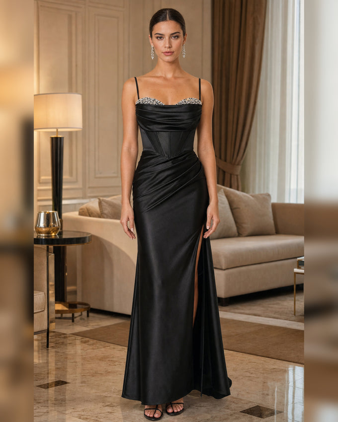 Black Beaded Strap Satin Formal Gown - Black - Scene 1 Front View