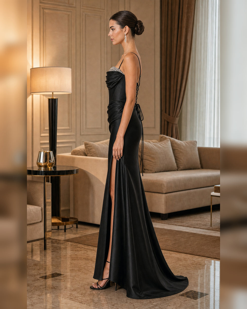 Black Beaded Strap Satin Formal Gown - Black - Scene 1 Side View