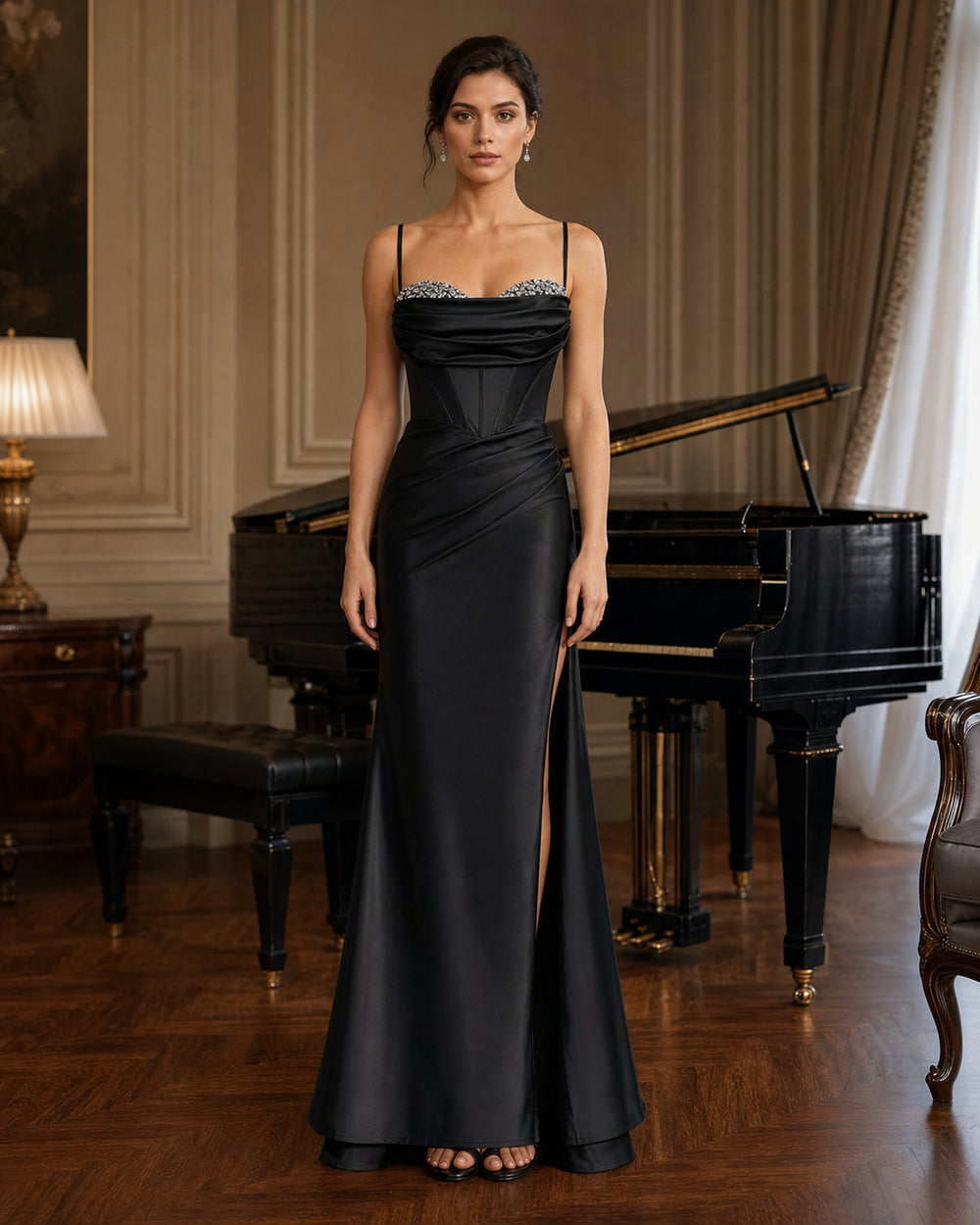 Black Beaded Strap Satin Formal Gown - Black - Scene 2 Front View
