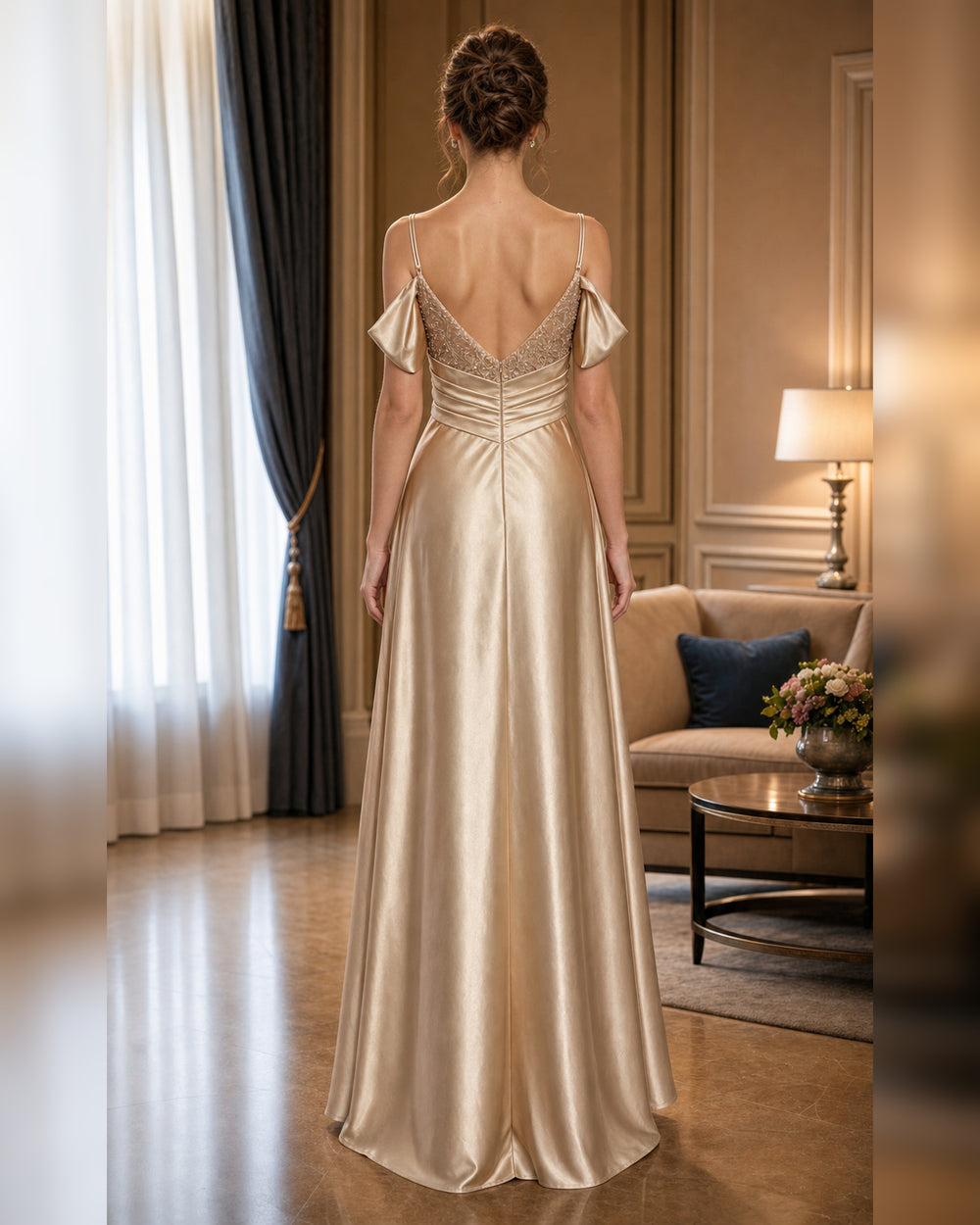 Champagne Beaded Bodice Satin Formal Gown - Champagne - Scene 1 Back View
