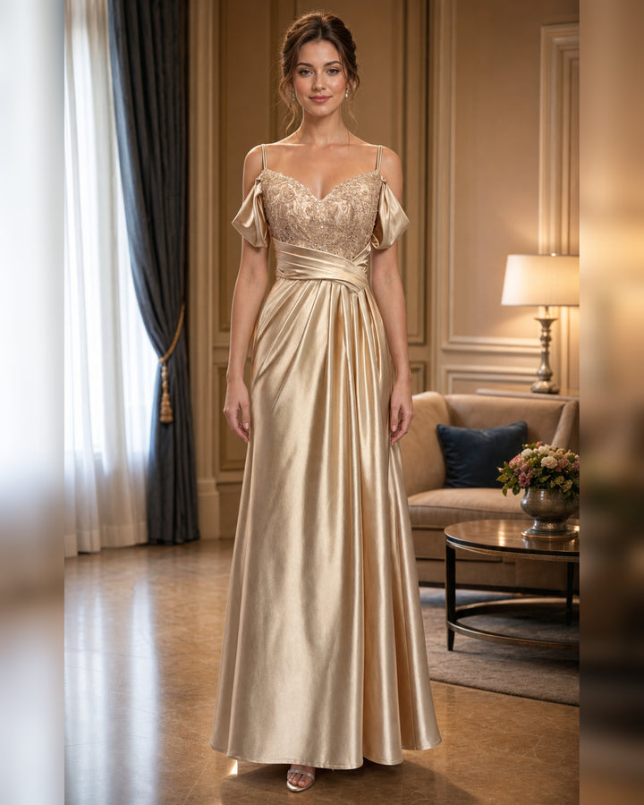 Champagne Beaded Bodice Satin Formal Gown - Champagne - Scene 1 Front View
