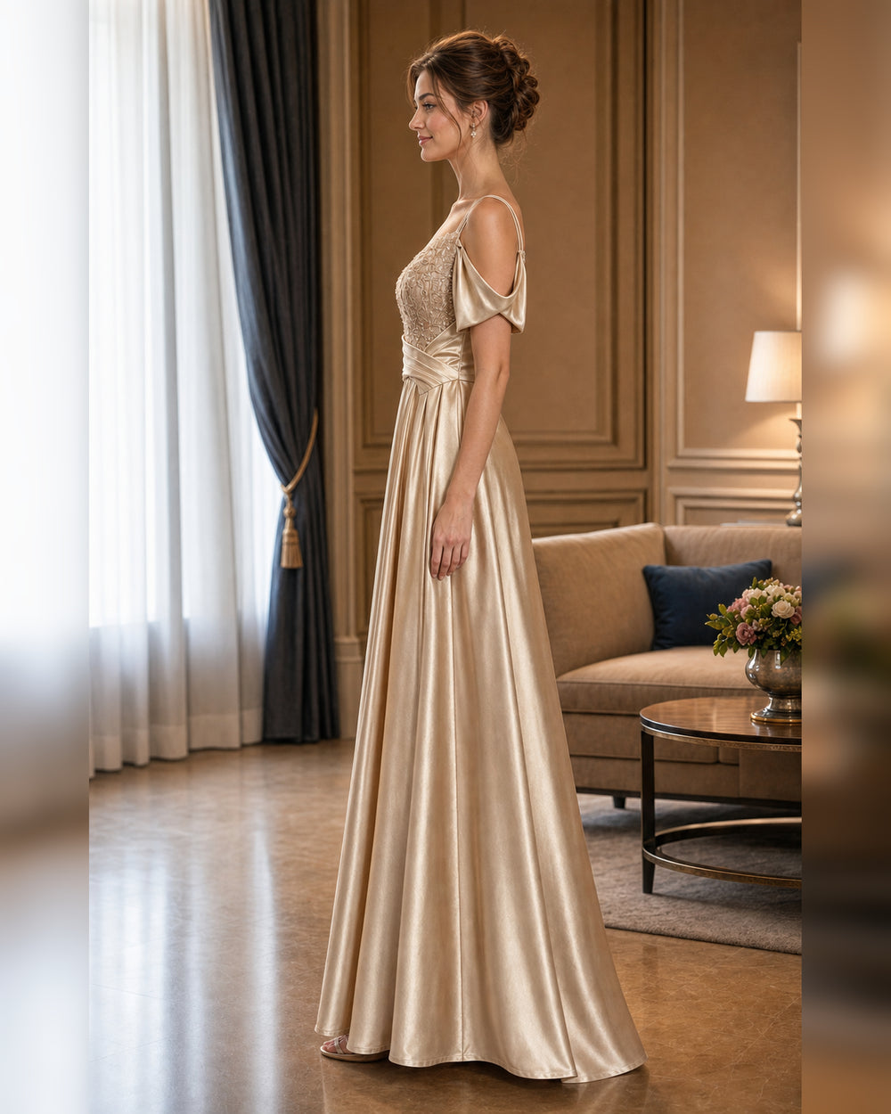 Champagne Beaded Bodice Satin Formal Gown - Champagne - Scene 1 Side View