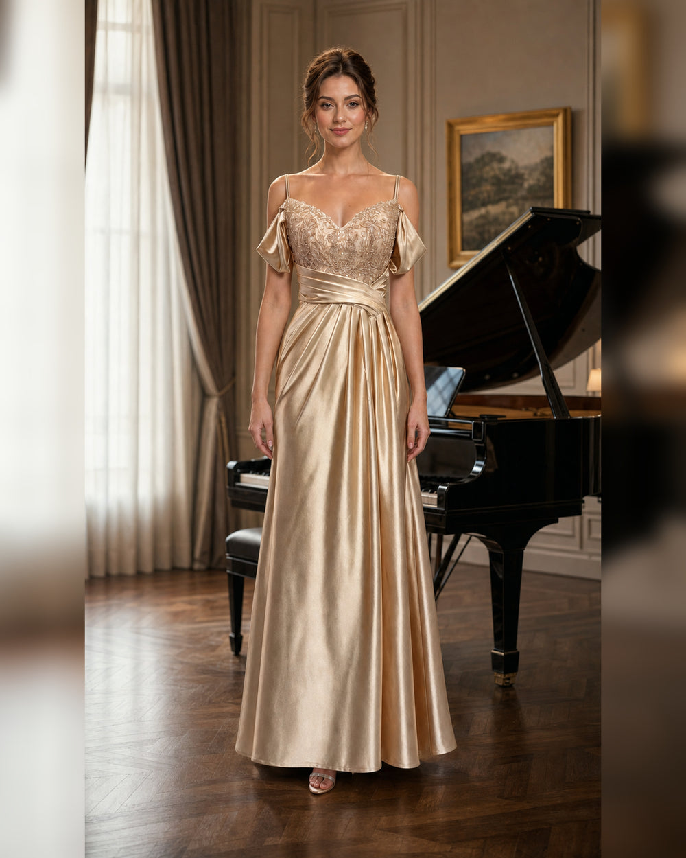Champagne Beaded Bodice Satin Formal Gown - Champagne - Scene 2 Front View