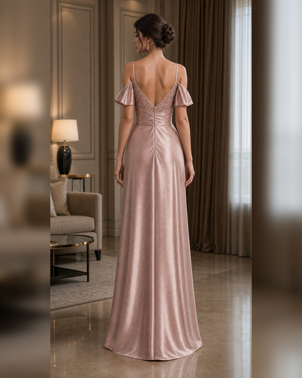 Blush Draped Sleeve Satin Formal Gown - Blush - Scene 1 Back View