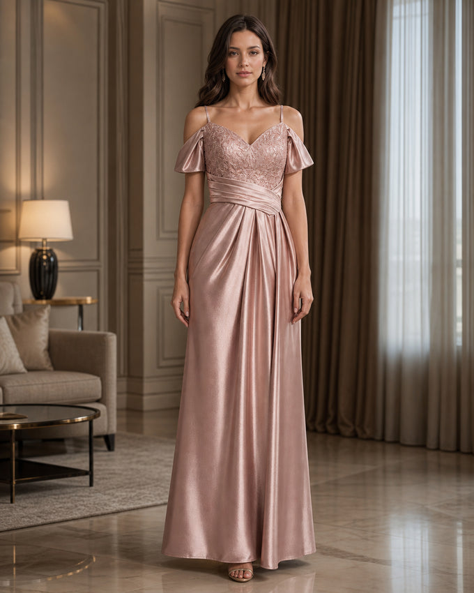 Blush Draped Sleeve Satin Formal Gown - Blush - Scene 1 Front View