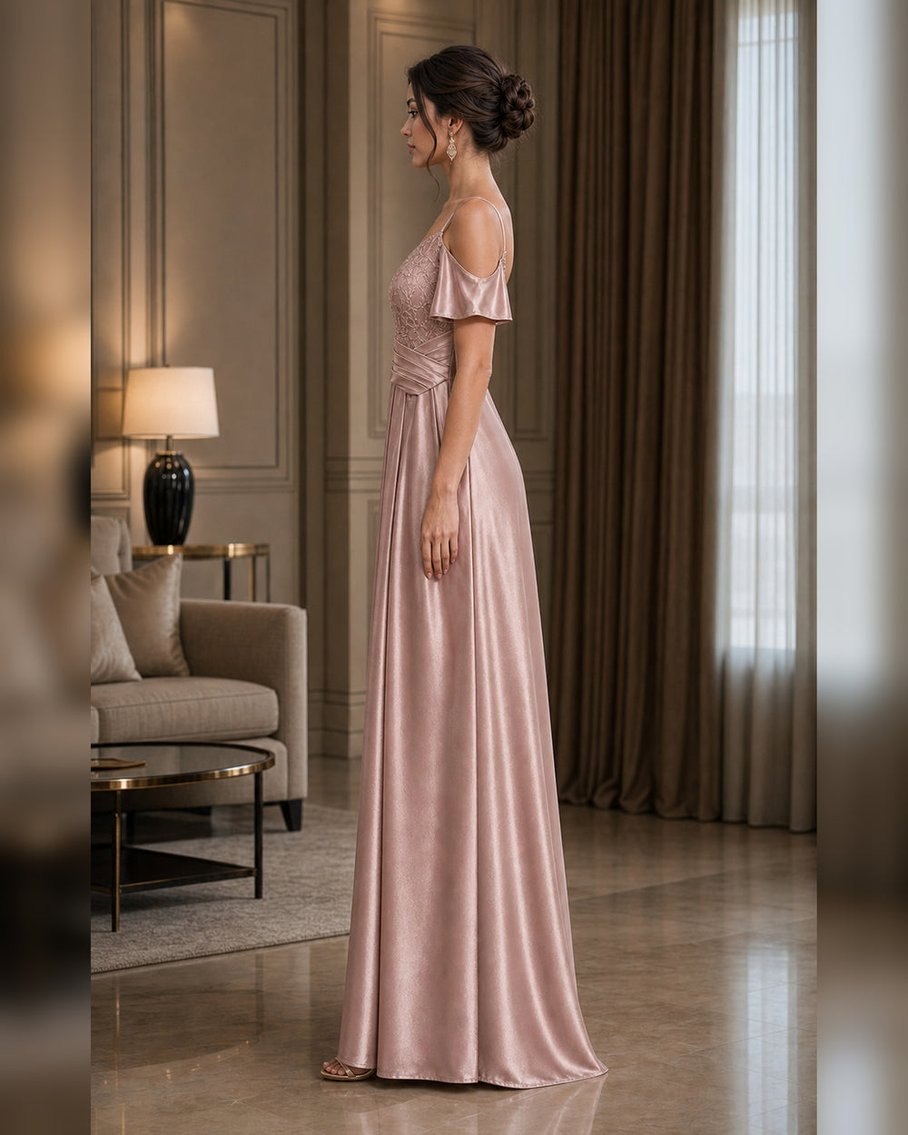 Blush Draped Sleeve Satin Formal Gown - Blush - Scene 1 Side View