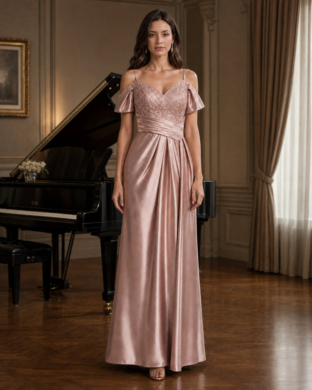 Blush Draped Sleeve Satin Formal Gown - Blush - Scene 2 Front View