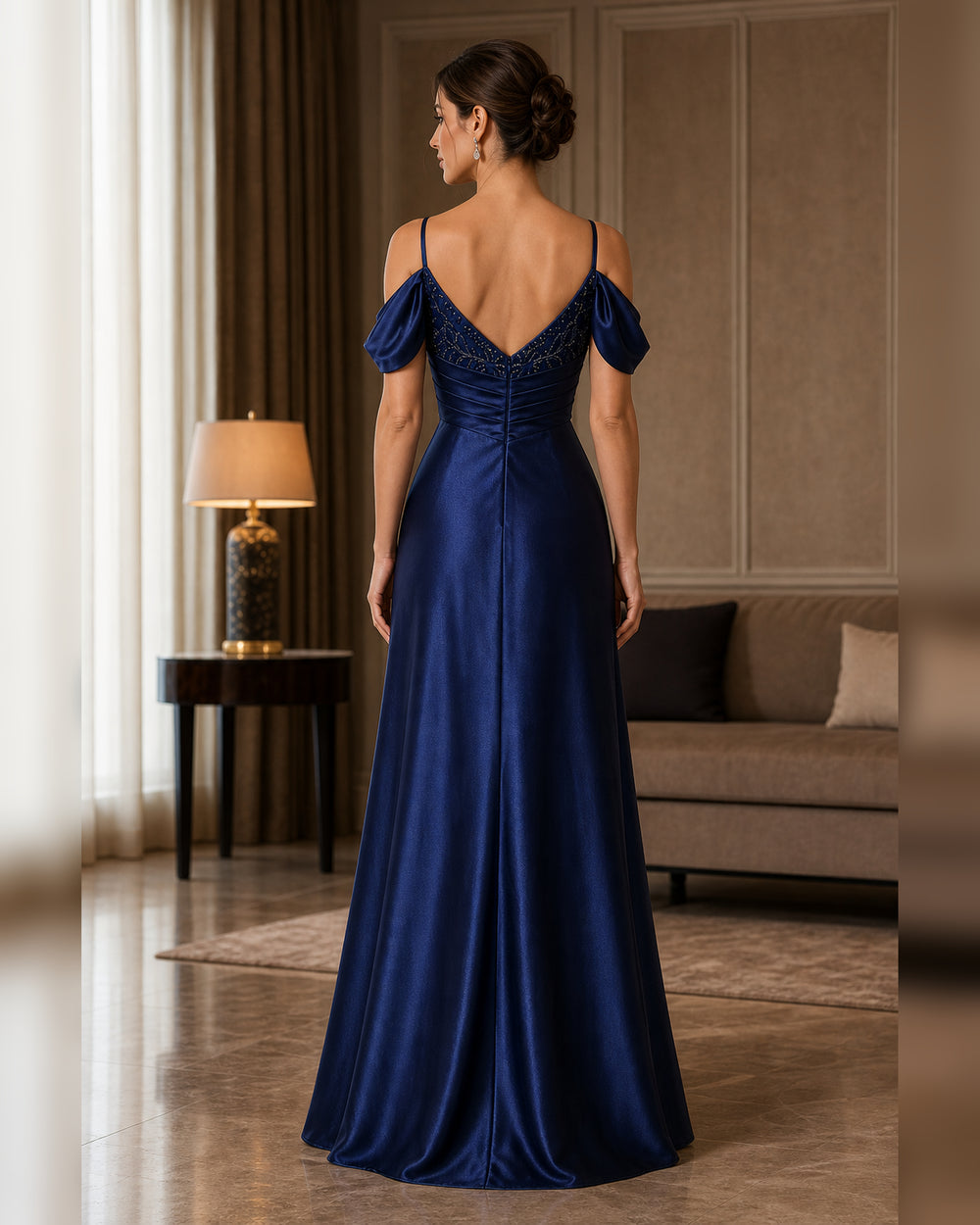 Navy Off Shoulder Lace Satin Formal Gown - Navy - Scene 1 Back View