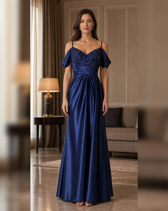 Navy Off Shoulder Lace Satin Formal Gown - Navy - Scene 1 Front View