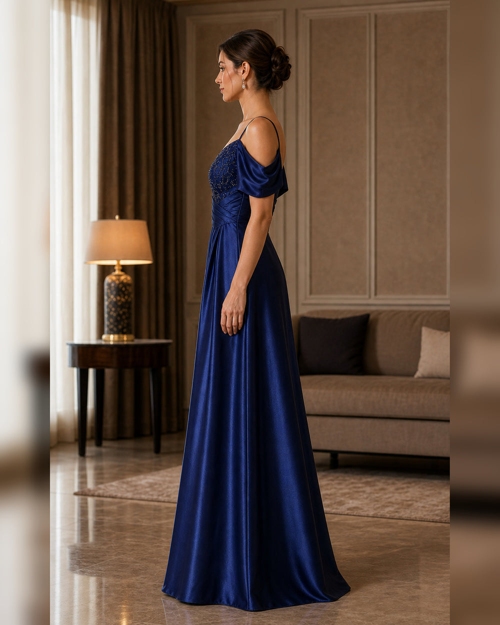 Navy Off Shoulder Lace Satin Formal Gown - Navy - Scene 1 Side View