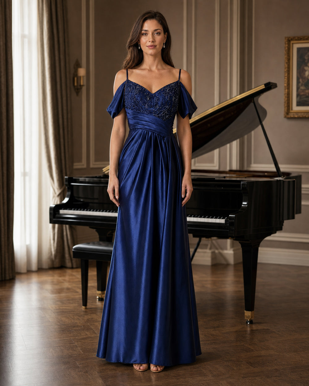 Navy Off Shoulder Lace Satin Formal Gown - Navy - Scene 2 Front View