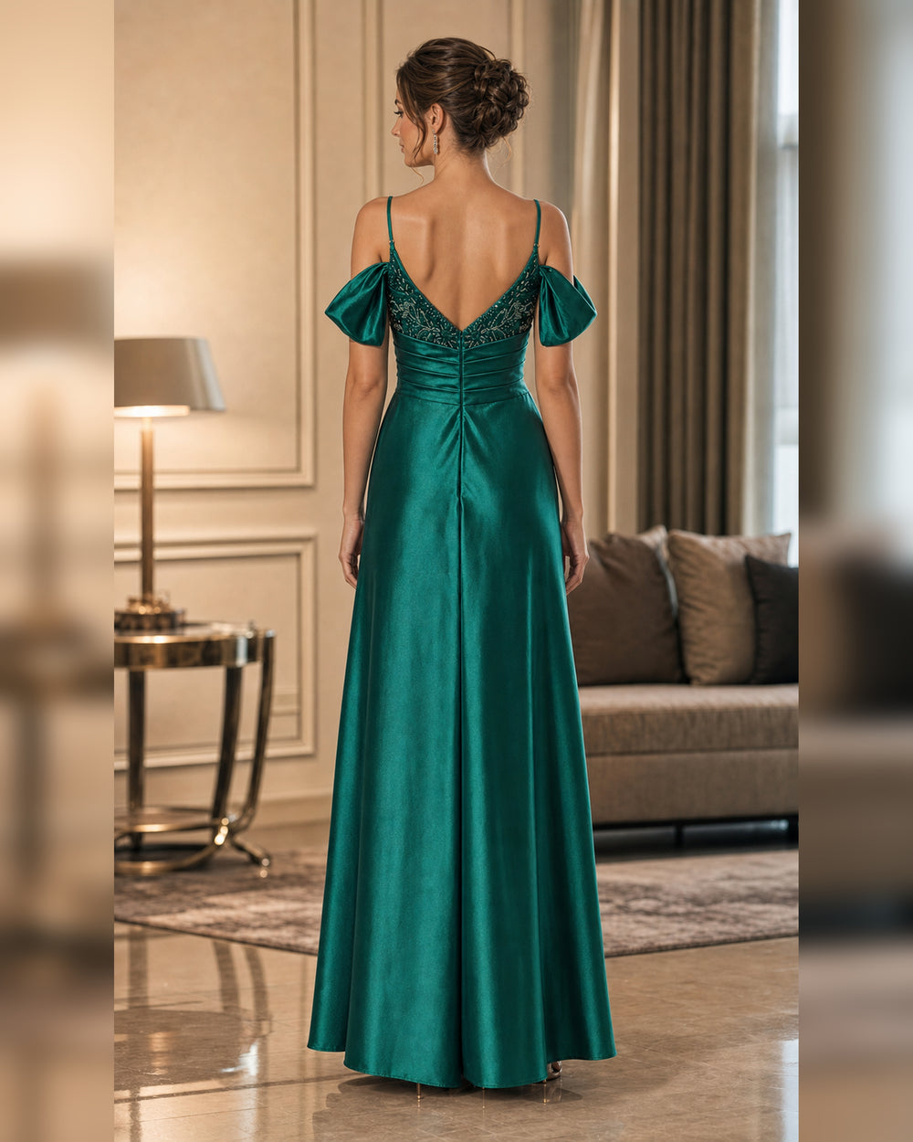 Emerald Off Shoulder Lace Satin Formal Gown - Emerald - Scene 1 Back View