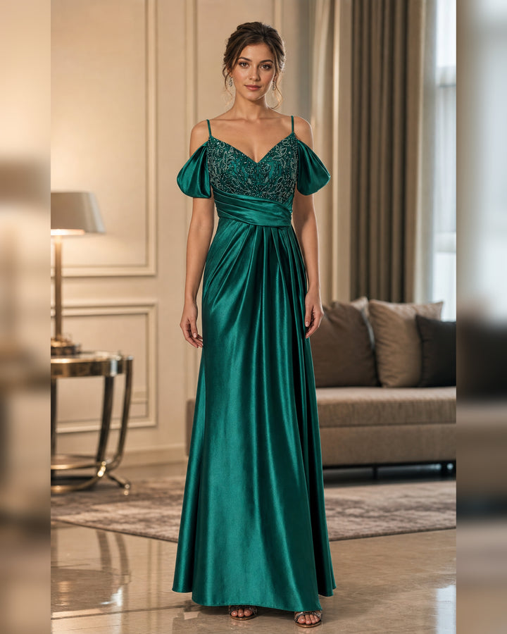 Emerald Off Shoulder Lace Satin Formal Gown - Emerald - Scene 1 Front View