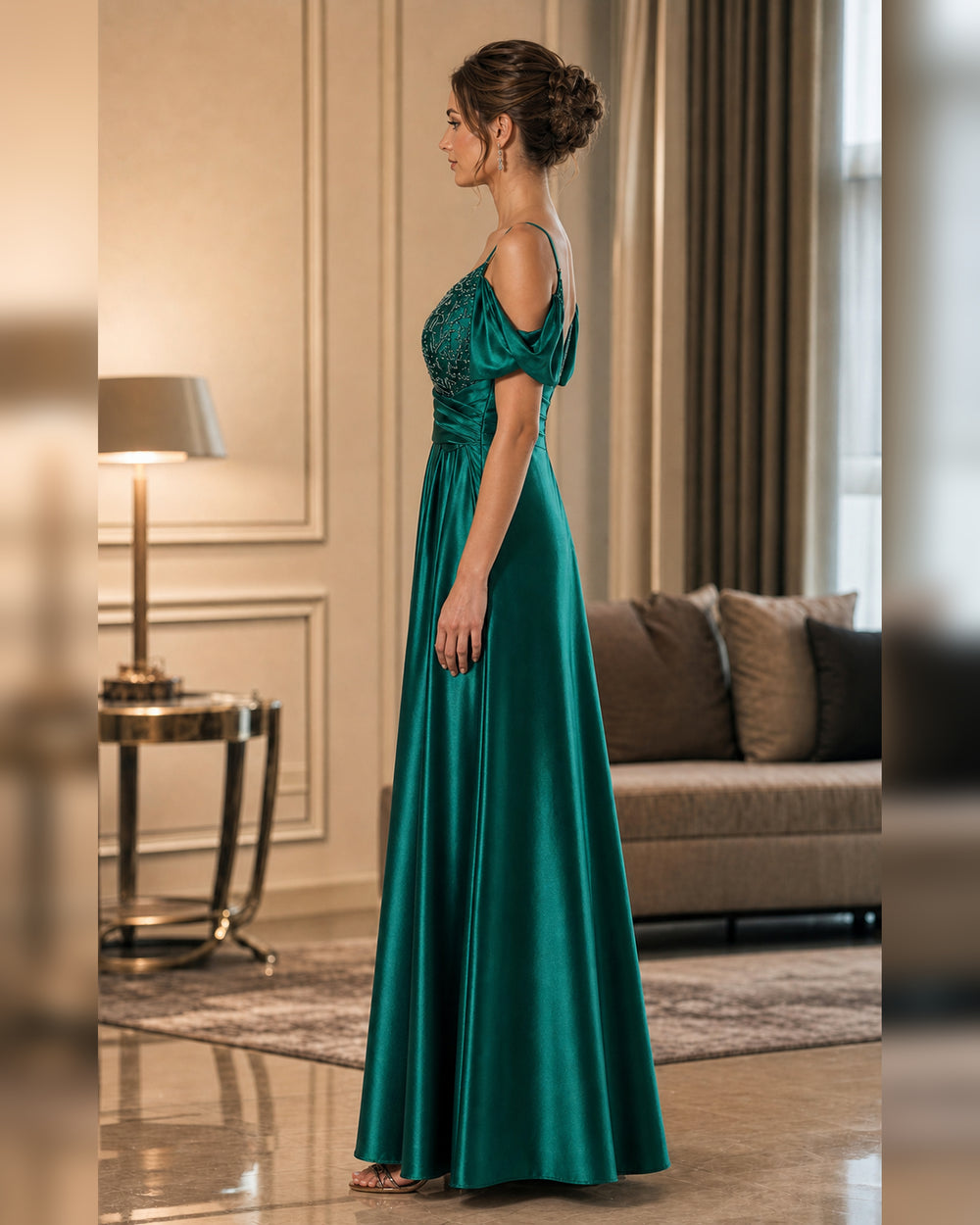 Emerald Off Shoulder Lace Satin Formal Gown - Emerald - Scene 1 Side View
