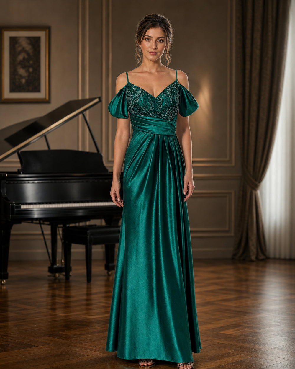 Emerald Off Shoulder Lace Satin Formal Gown - Emerald - Scene 2 Front View