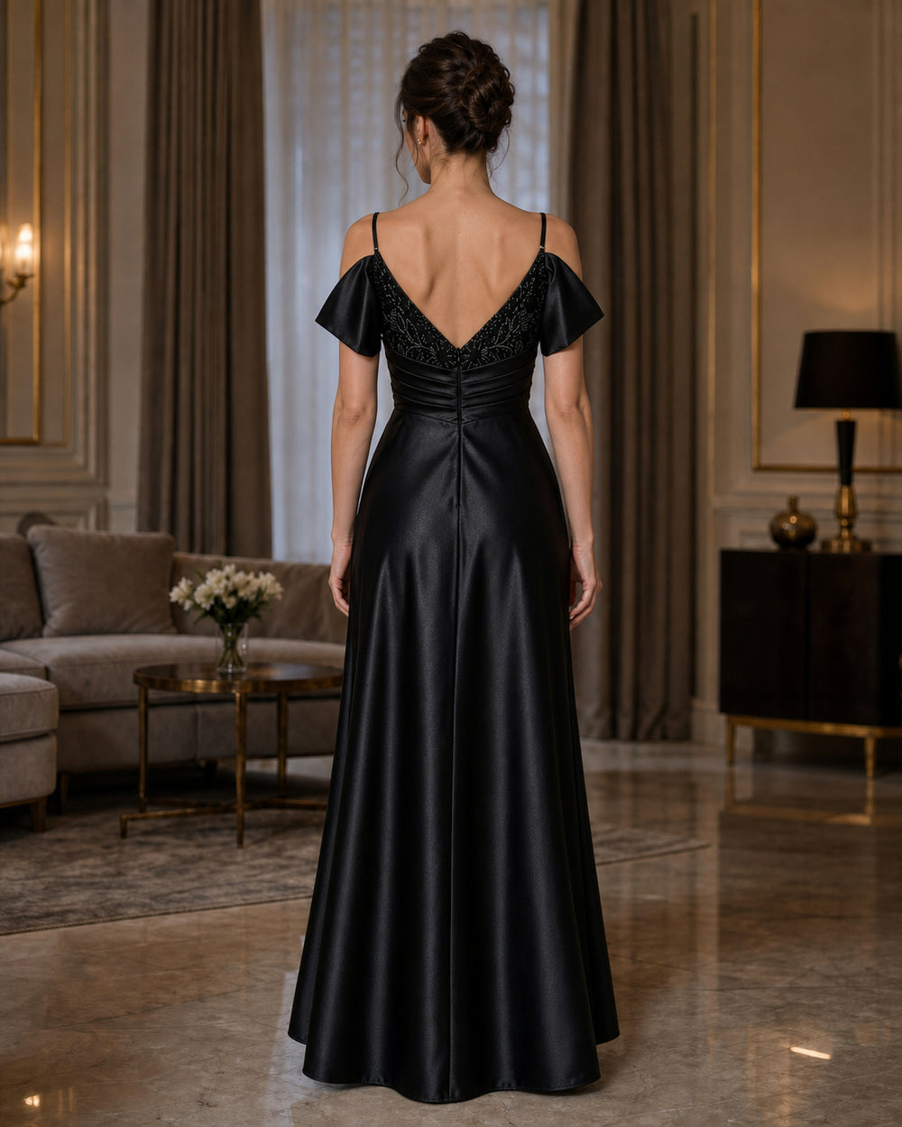 Black Off Shoulder Lace Satin Formal Gown - Black - Scene 1 Back View
