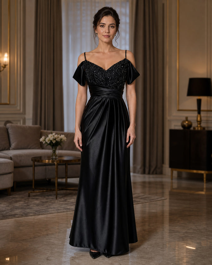 Black Off Shoulder Lace Satin Formal Gown - Black - Scene 1 Front View