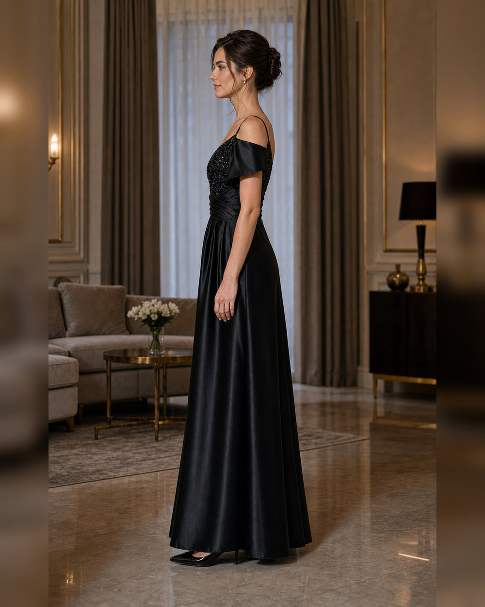Black Off Shoulder Lace Satin Formal Gown - Black - Scene 1 Side View