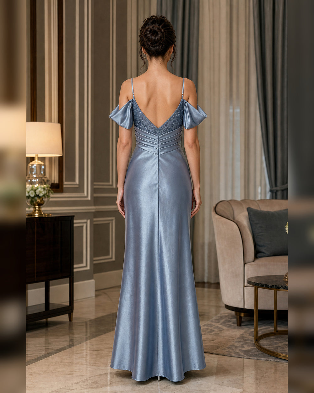 Ice Blue Off Shoulder Draped Satin Gown - Ice Blue - Scene 1 Back View