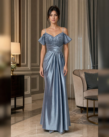 Ice Blue Off Shoulder Draped Satin Gown - Ice Blue - Scene 1 Front View