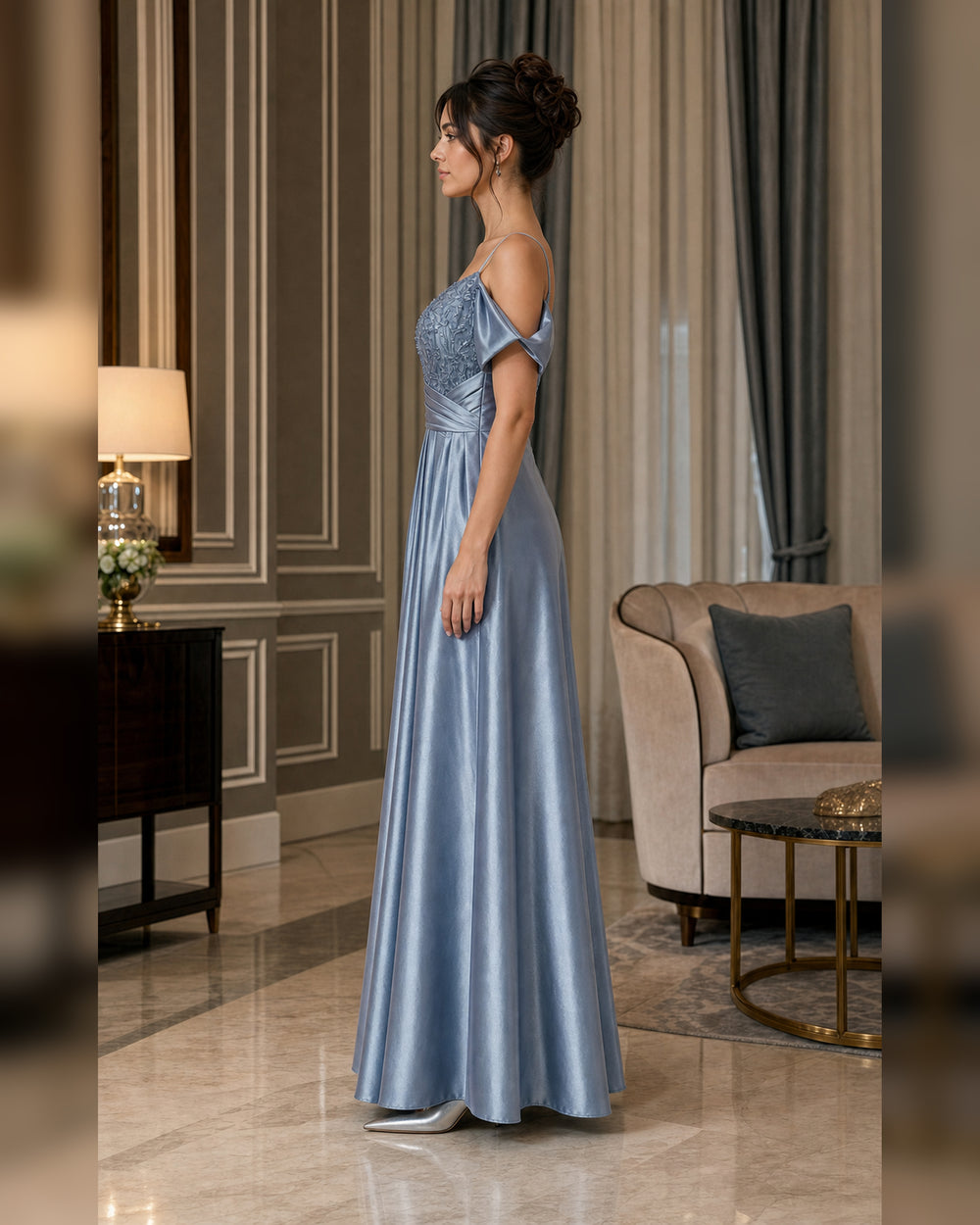 Ice Blue Off Shoulder Draped Satin Gown - Ice Blue - Scene 1 Side View